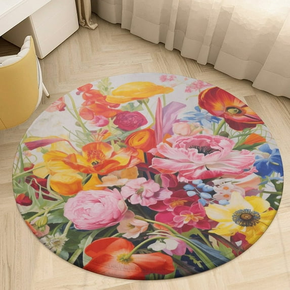 Spring Flowers Round Area Rugs for Bedroom Living Room, 4FT Soft Comfy Indoor Circle Carpets, Carpet Home Decor Floor Mat