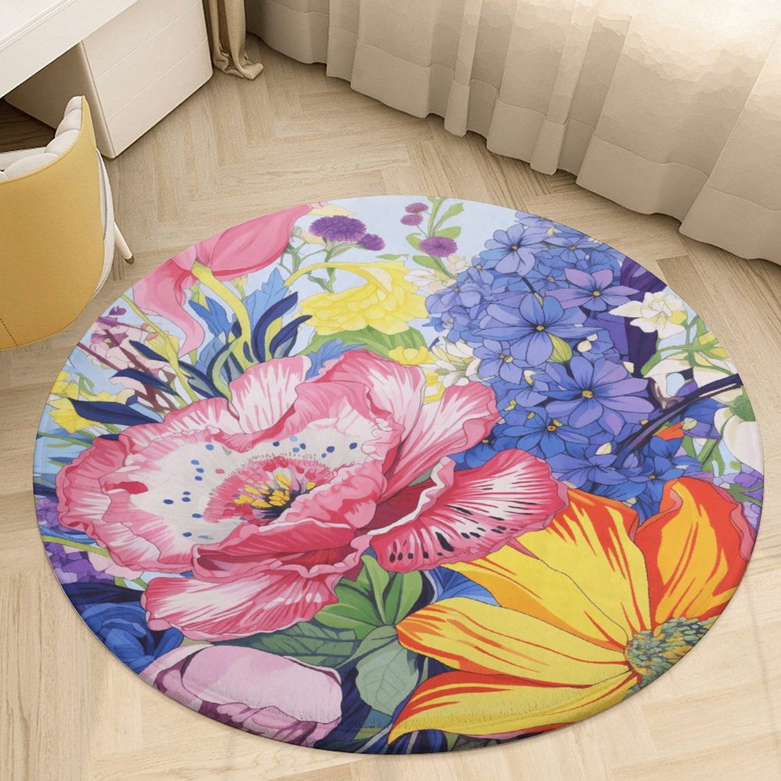 Spring Colourful Rug Spring Flowers Round Area Rugs for Bedroom Living Room, 5FT Soft Indoor ...