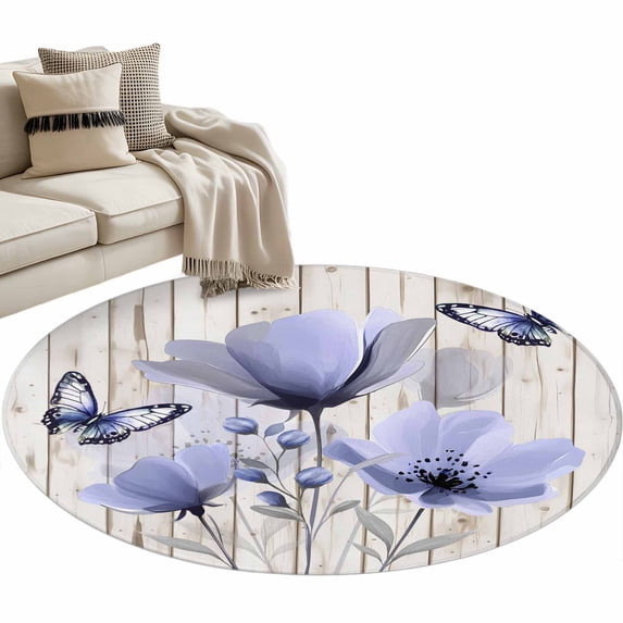 Spring Flowers Round Area&nbsp;Rug 3ft Watercolor Purple Floral Leaf Butterfly Beige Wood Grain Non-Slip&nbsp;Washable Circle Rugs Soft Felt Indoor Floor Mat for Bedroom Kitchen Living Room Bathroom