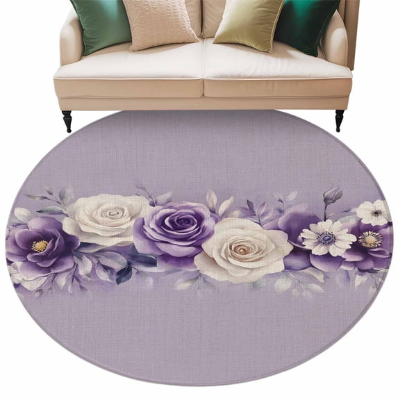 Spring Flowers Round Area&nbsp;Rug 5ft Watercolor Purple White Rose Daisy Floral Leaf Purple Non-Slip&nbsp;Washable Circle Rugs Soft Felt Indoor Floor Mat for Bedroom Kitchen Living Room Bathroom