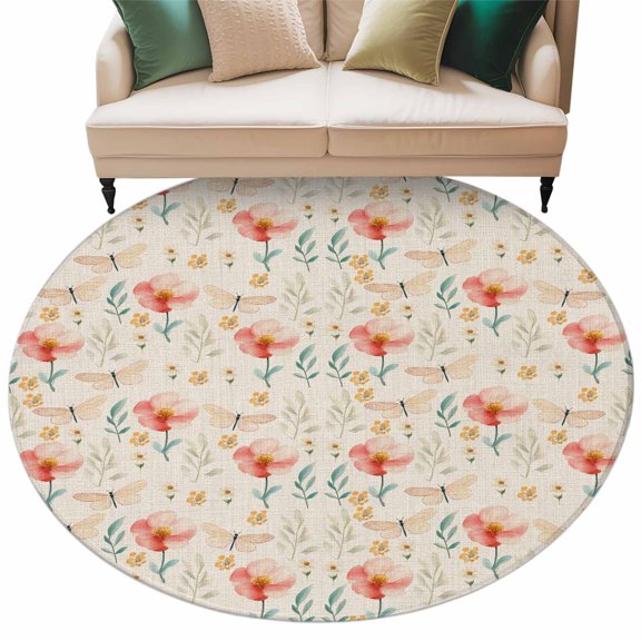 Spring Flowers Round Area Rug 6ft Watercolor Yellow Dragonfly Red Floral Leaf Linen Texture Non-Slip Washable Circle Rugs Soft Felt Indoor Floor Mat for Bedroom Kitchen Living Room Bathroom