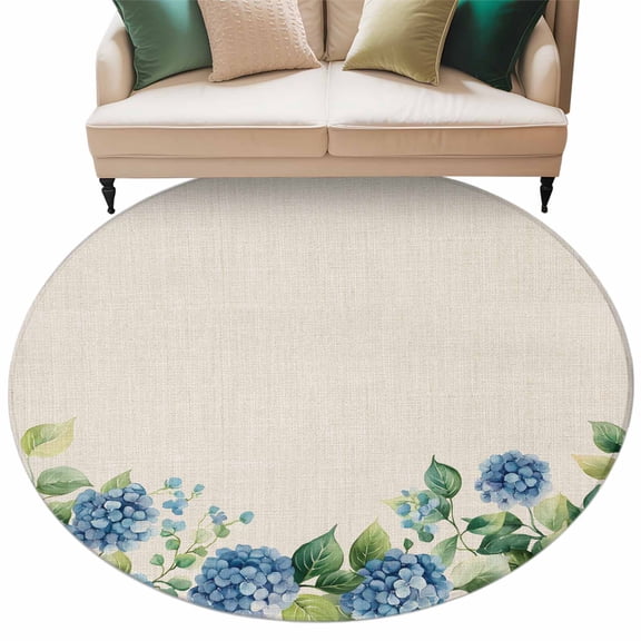 Spring Flowers Round Area Rug 8ft Blue Hydrangea Non-Slip Washable Circle Rugs Soft Felt Indoor Floor Mat for Bedroom Kitchen Living Room Bathroom