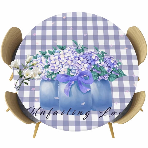 Spring Flowers Round Fitted Table Cover Hydrangea Purple Buffalo Plaid Waterproof Table Cloth with Elastic Edge Wipeable Tablecloth for Picnic Camping Party Fits 45"-54" Diameter