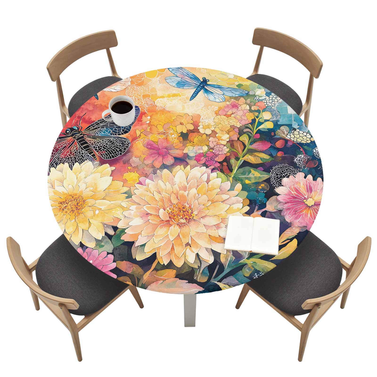 Spring Tablecloth Texture Spring Flowers Round Fitted Tablecloth with Elastic Edge Watercolor ...