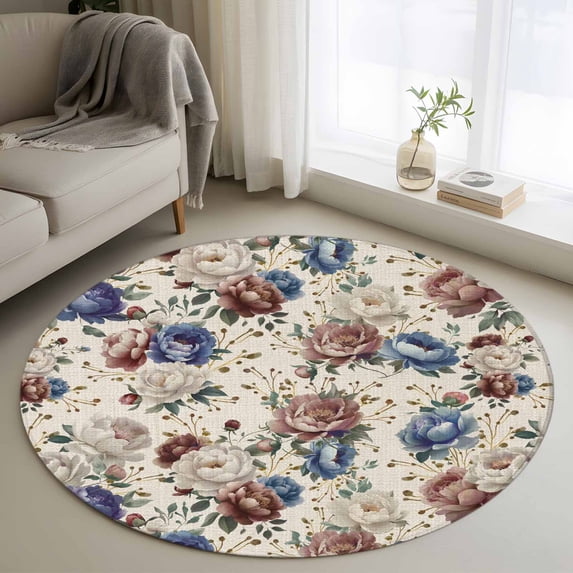 Spring Flowers Round Rug 3.3ft Washable Circle Entryway Rugs Non Slip Farmhouse Botanical Seasonal Floral Herbs Area Rug Indoor Floor Carpet for Bedroom Kitchen Living Room Home Office Dining Room