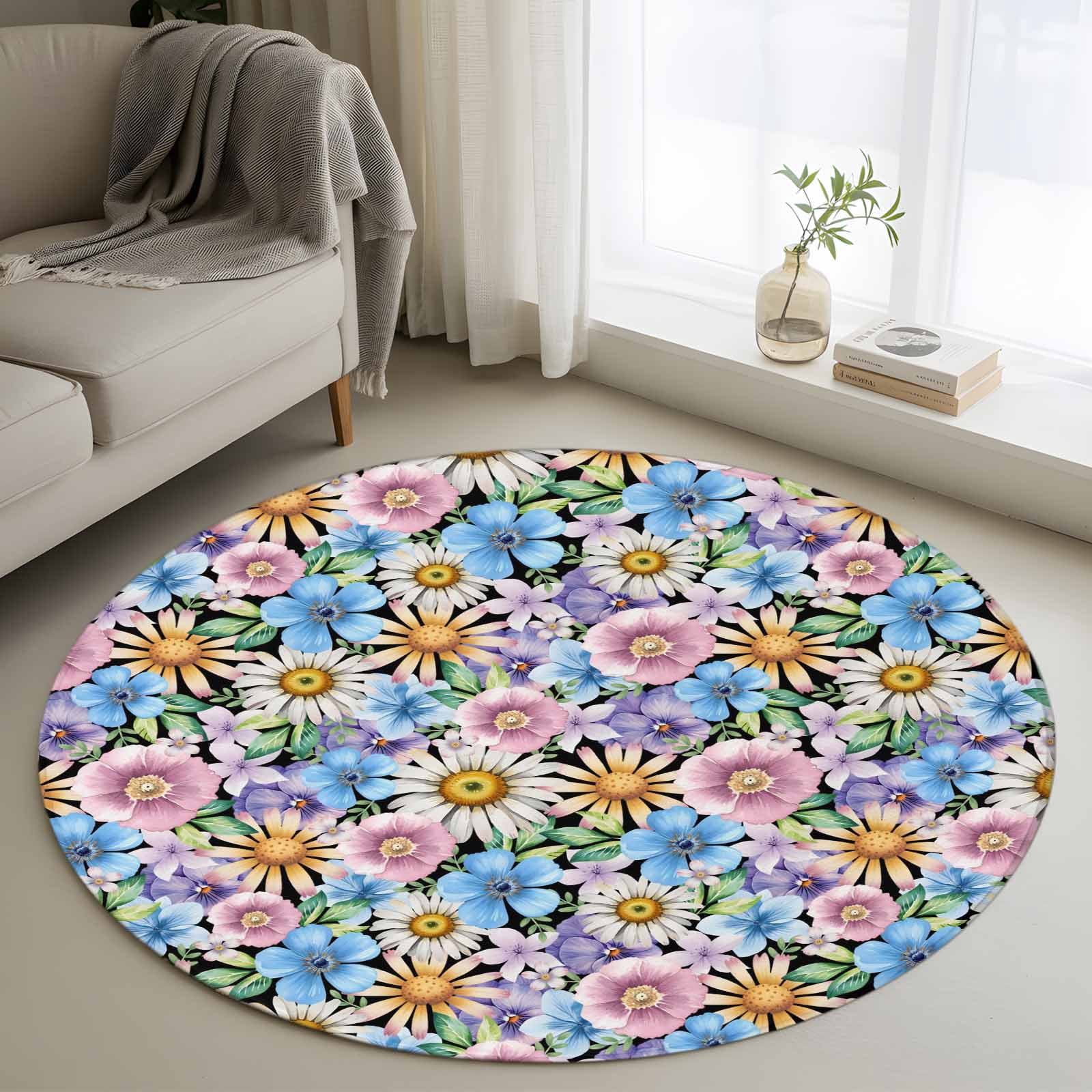 Spring Flowers Round Rug 3.3ft Washable Circle Entryway Rugs Non Slip ...