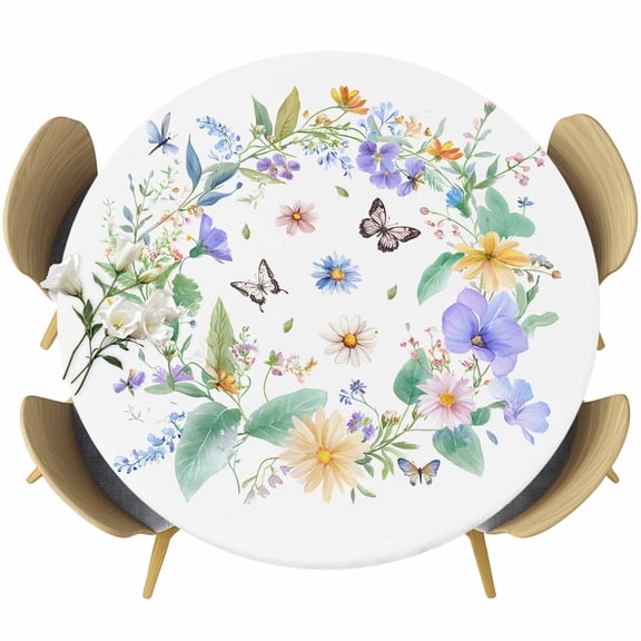 Spring Flowers Round Tablecloth 36-44 Inch Round Fitted Table Cloth with Elastic Edge, Butterfly Blue Floral Green Plant Leaf Waterproof Table Cover Protector for Outdoor Picnic Party Dining
