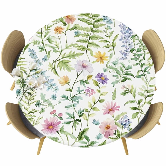 Spring Flowers Round Tablecloth 36-44 Inch Round Fitted Table Cloth with Elastic Edge, Colorful Nature Botanical Green Leaves Waterproof Table Cover Protector for Outdoor Picnic Party Dining