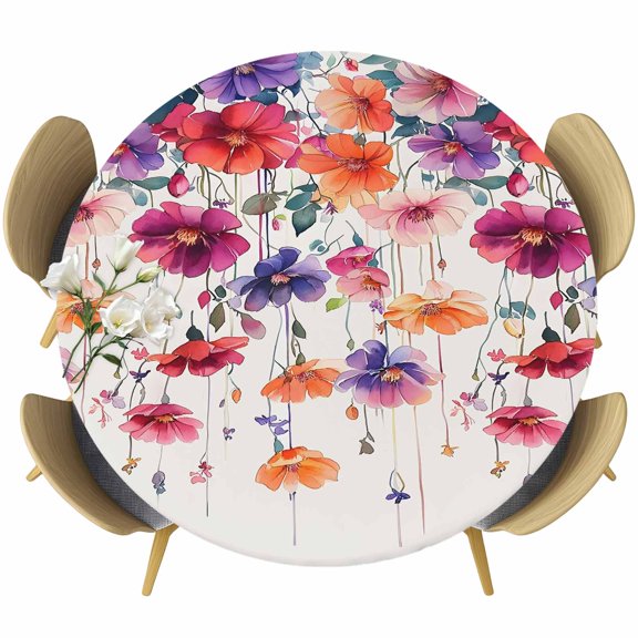 Spring Flowers Round Tablecloth 36-44 Inch Round Fitted Table Cloth with Elastic Edge, Modern Watercolor Paining Leaf Floral Waterproof Table Cover Protector for Outdoor Picnic Party Dining