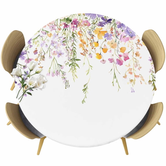 Spring Flowers Round Tablecloth 36-44 Inch Round Fitted Table Cloth with Elastic Edge, Purple Pink Orange Floral Botanical Leaf Waterproof Table Cover Protector for Outdoor Picnic Party Dining