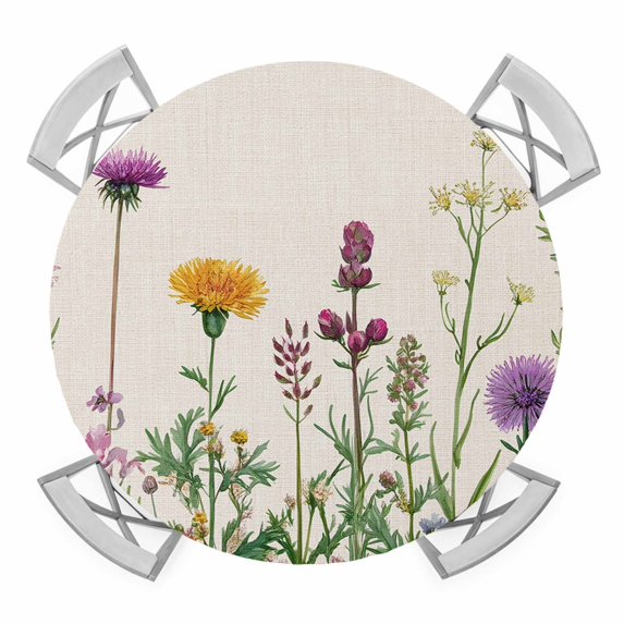 Spring Flowers Round Tablecloth for 45-54 Inch Tables, Fitted Table Cover with Elastic Edge, Wild Floral Herb Botanical Waterproof Outdoor Table Cloth Protector for Patio Garden Dinner Picnic