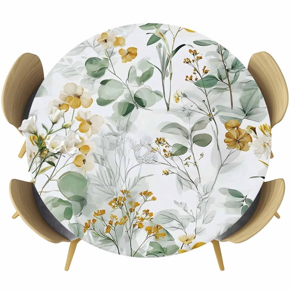 Spring Flowers Round Tablecloth 55-60 Inch Round Fitted Table Cloth with Elastic Edge, Country Green Eucalyptus Leaves Rustic Plants Waterproof Table Cover Protector for Outdoor Picnic Party Dining