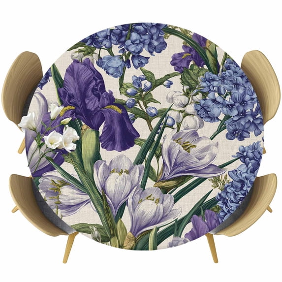Spring Flowers Round Tablecloth, Fitted Table Cover with Elastic for 36"-44" Round Tables, Purple Hydrangea Orchid Floral Country Beige Table Cloth Outdoor Indoor Dinning Party Waterproof Tablecloths