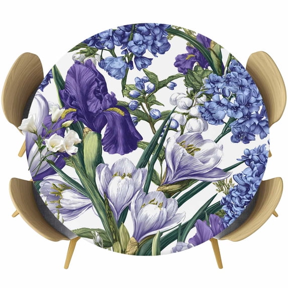 Spring Flowers Round Tablecloth, Fitted Table Cover with Elastic for 55"-60" Round Tables, Purple Hydrangea Orchid Floral Country Table Cloth Outdoor Indoor Dinning Party Waterproof Tablecloths