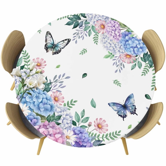 Spring Flowers Round Tablecloth, Fitted Table Cover with Elastic for 55"-60" Round Tables, Watercolor Floral Butterflies Botanical Table Cloth Outdoor Indoor Dinning Party Waterproof Tablecloths