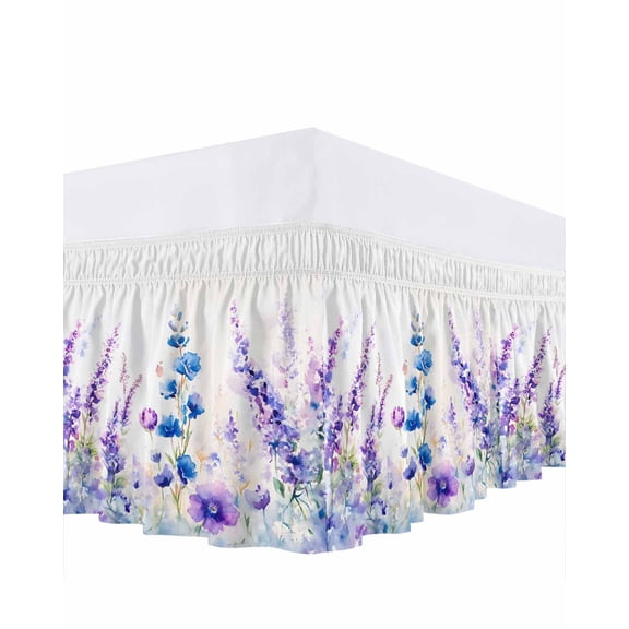 Spring Flowers Ruffle Bed Skirt King Size Idyllic Purple Blue Lavender Adjustable Elastic Dust Bed Skirts Wrap Around Bedskirt Wrinkle Free Easy Fit with 18 Inch Drop