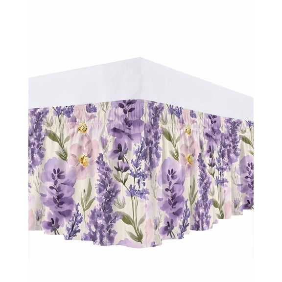 Spring Flowers Ruffle Bed Skirt King Size Lavender Leaf Adjustable Elastic Dust Bed Skirts Wrap Around Bedskirt Wrinkle Free Easy Fit with 16 Inch Drop
