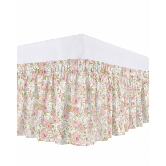 Spring Flowers Ruffle Bed Skirt King Size Retro Pink White Floral Texture Adjustable Elastic Dust Bed Skirts Wrap Around Bedskirt Wrinkle Free Easy Fit with 18 Inch Drop