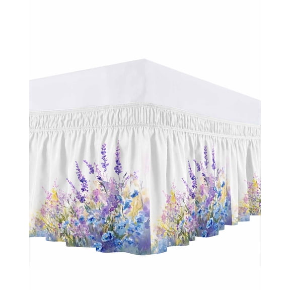 Spring Flowers Ruffle Bed Skirt Queen Size Idyllic Purple Lavender Adjustable Elastic Dust Bed Skirts Wrap Around Bedskirt Wrinkle Free Easy Fit with 16 Inch Drop