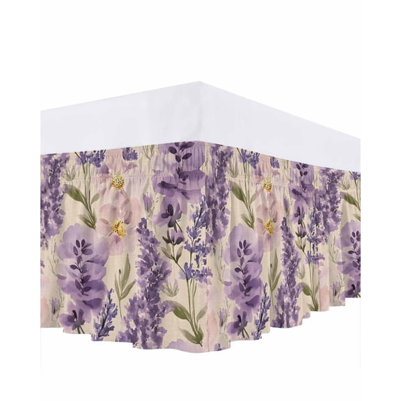 Spring Flowers Ruffle Bed Skirt Queen Size Lavender Leaf Adjustable Elastic Dust Bed Skirts Wrap Around Bedskirt Wrinkle Free Easy Fit with 16 Inch Drop