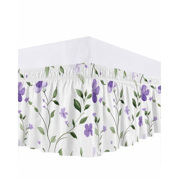 Spring Flowers Ruffle Bed Skirt Queen Size Purple Floral Adjustable Elastic Dust Bed Skirts Wrap Around Bedskirt Wrinkle Free Easy Fit with 16 Inch Drop