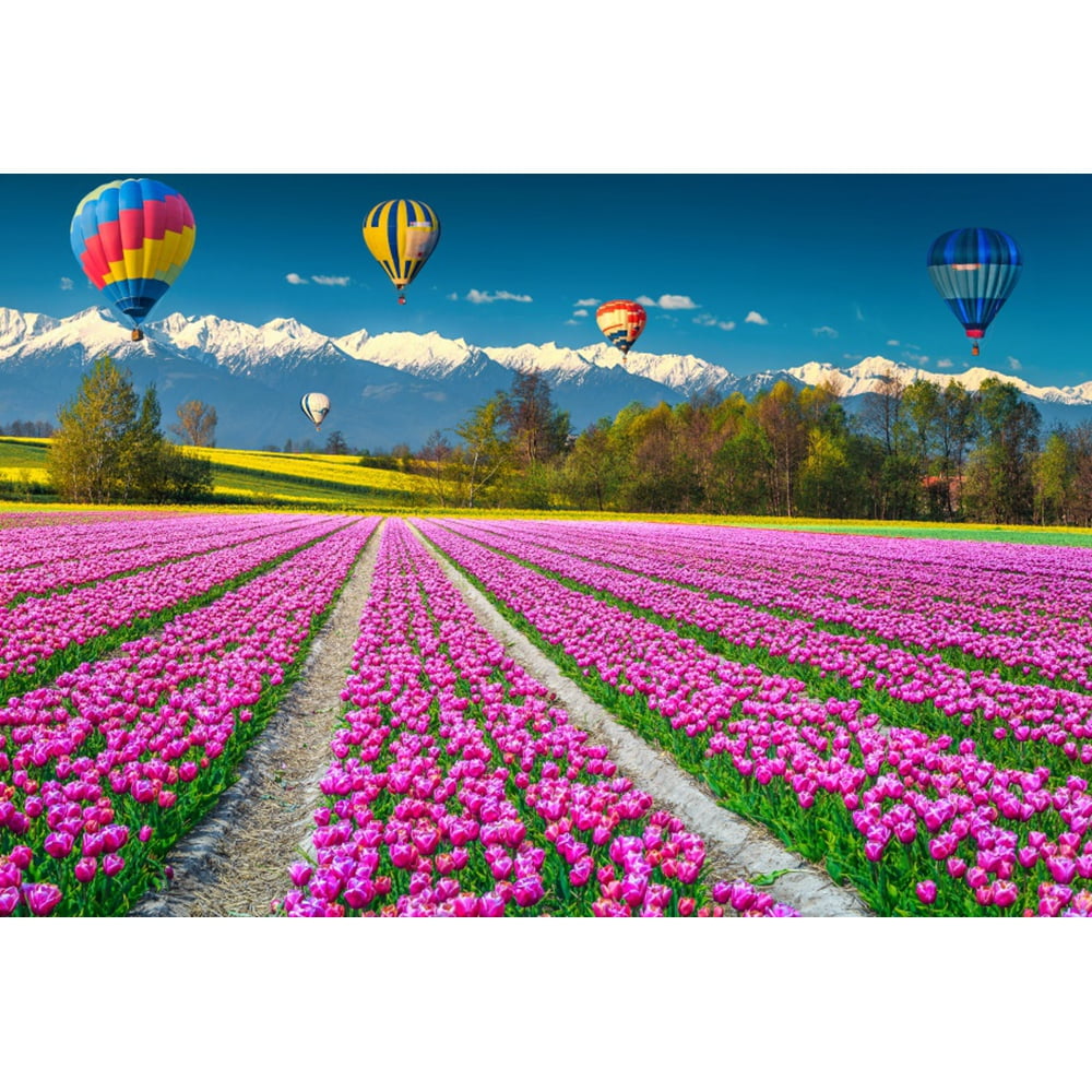Spring Flowers Scene Photography Backdrop Blue Sky Hot Air Balloon