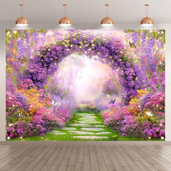 Spring Flowers Scenery Backdrop Pink Floral Arch Garden Butterfly Photography Background Easter Wedding Party Decorations Banner Photo Booth Props