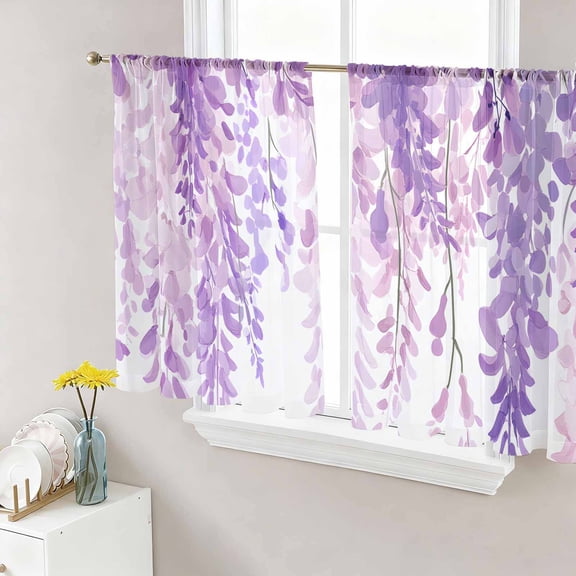 Spring Flowers Semi Sheer Curtains 54 Inch Length 2 Panels Set, Purple Lavender Floral Modern Pastoral Sheer Kitchen Curtain Privacy Voile Window Curtain for Living Room Bedroom Rod Pocket Drapes