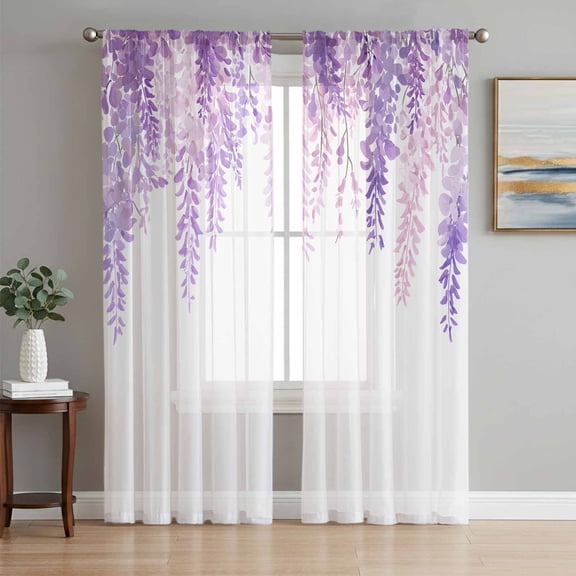 Spring Flowers Semi Sheer Curtains 84 Inch Length 2 Panels Set, Purple Lavender Floral Modern Pastoral Sheer Kitchen Curtain Privacy Voile Window Curtain for Living Room Bedroom Rod Pocket Drapes