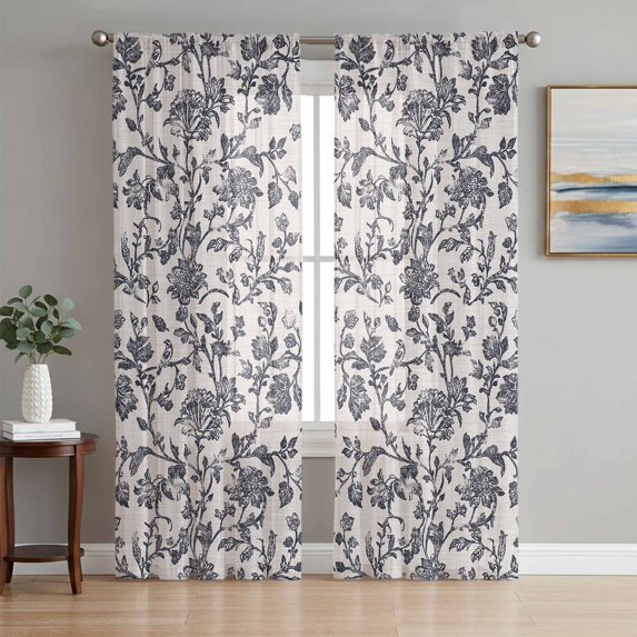 Spring Flowers Semi Sheer Curtains 96 Inch Length 2 Panels Set, Farmhouse Dark Blue Pastoral Floral Leaf Sheer Kitchen Curtain Privacy Voile Window Curtain for Living Room Bedroom Rod Pocket Drapes