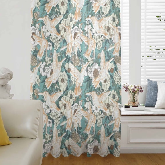 Spring Flowers Semi Sheer Curtains Drapes for Living Room, Bedroom, French Doors Window 45 Inches Long, Vintage Chic Botanical Florals Birds Rod Pocket Chiffon Curtain Drapery Voile Draperies Panel