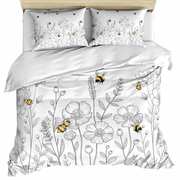 Spring Flowers Set of 4 Bedding Quilt Covers, Simple Botanical Floral Herbs Bees 4-Piece Bed Sheet Set with Extra Soft Bed Sheets Quilt Cover Pillowcase, California King