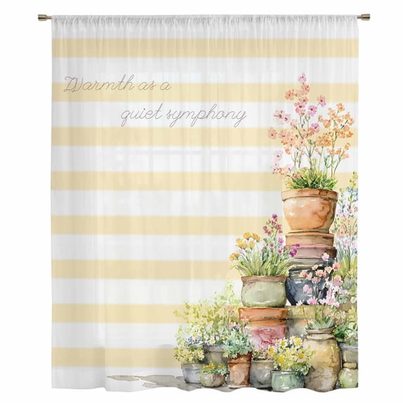 Spring Flowers Sheer Curtains 108" Extra Long, Country Botanical Budding Floral Pot Stripes Light Filering Curtains, Privacy Drapes Simi Floor to Veiling Curtain for Living Room Window Treatment