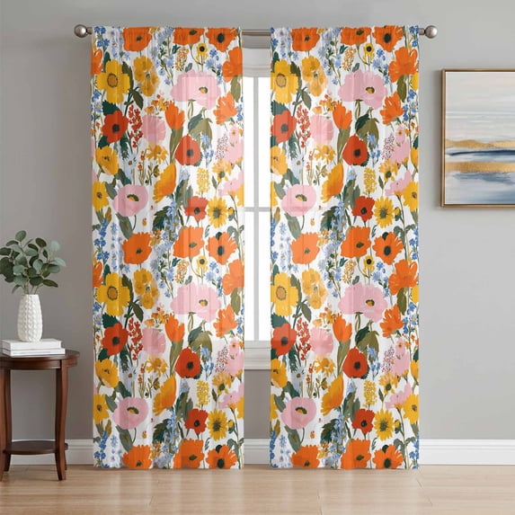 Spring Flowers Sheer Curtains 108 Inch Length 2 Panels Set Window Treatments, Watercolor Floral Daisy Poppy Plants Rustic Rod Pocket Semi Curtains for Living Room/Bedroom/Kitchen, 104"W x 108"L