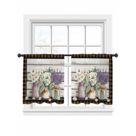 Spring Flowers Sheer Curtains 2 Panels Set Daisy Lavender Bouquet Retro Wood Brown Plaid Sheer Window Curtains Light Filtering Rod Pocket Voile Drapes for Bedroom Living Room 52"x54"