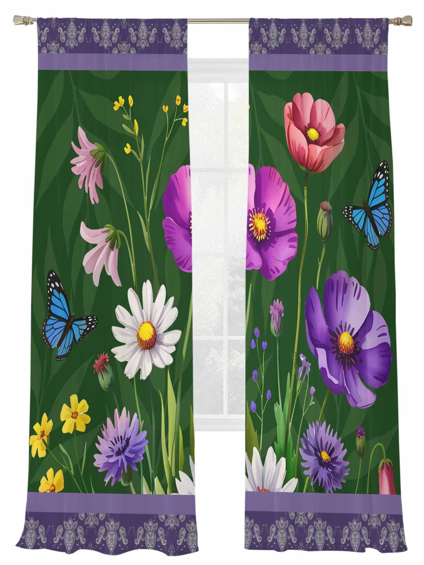 Spring Flowers Sheer Curtains 2 Panels Set Daisy Wildflowers Butterfly ...