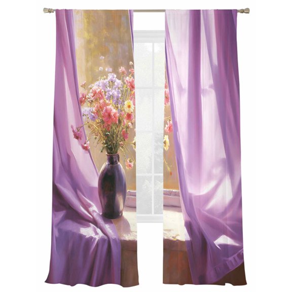 Spring Flowers Sheer Curtains 2 Panels Set Oil Painting Colored Floral Window Curtain Scenery Sheer Window Curtains Light Filtering Rod Pocket Voile Drapes for Bedroom Living Room 52"X96"
