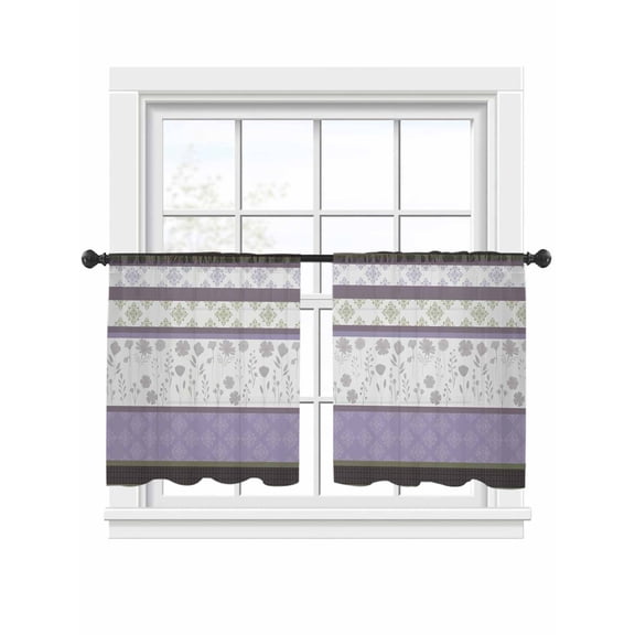 Spring Flowers Sheer Curtains 2 Panels Set Purple Green Floral Country Farm Style Stripes Sheer Window Curtains Light Filtering Rod Pocket Voile Drapes for Bedroom Living Room 52"x45"