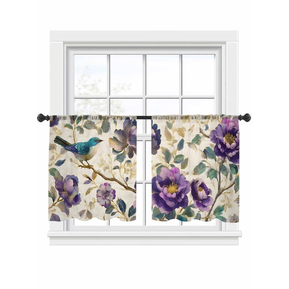 Spring Flowers Sheer Curtains 2 Panels Set Vintage Gorgeous Purple Flower Bird Waterproof Leaf Sheer Window Curtains Light Filtering Rod Pocket Voile Drapes for Bedroom Living Room 52"x54"