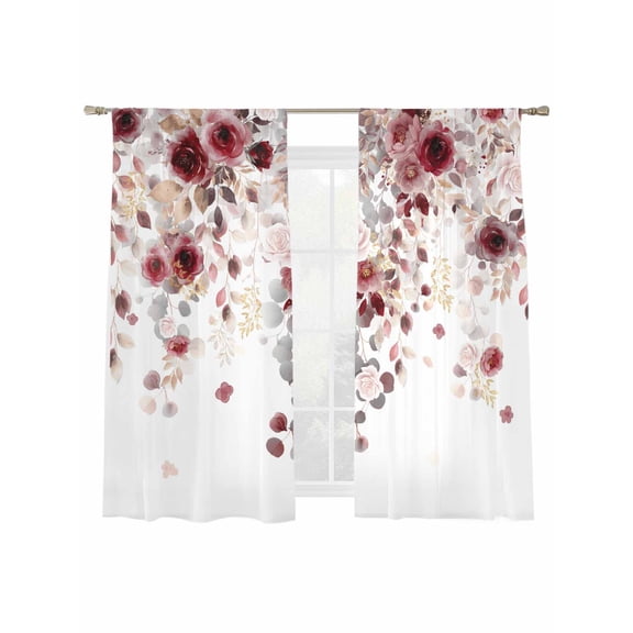 Spring Flowers Sheer Curtains 2 Panels Set Watercolor Floral Romantic Gradient Red Rose Sheer Window Curtains Light Filtering Rod Pocket Voile Drapes for Bedroom Living Room 52"x63"