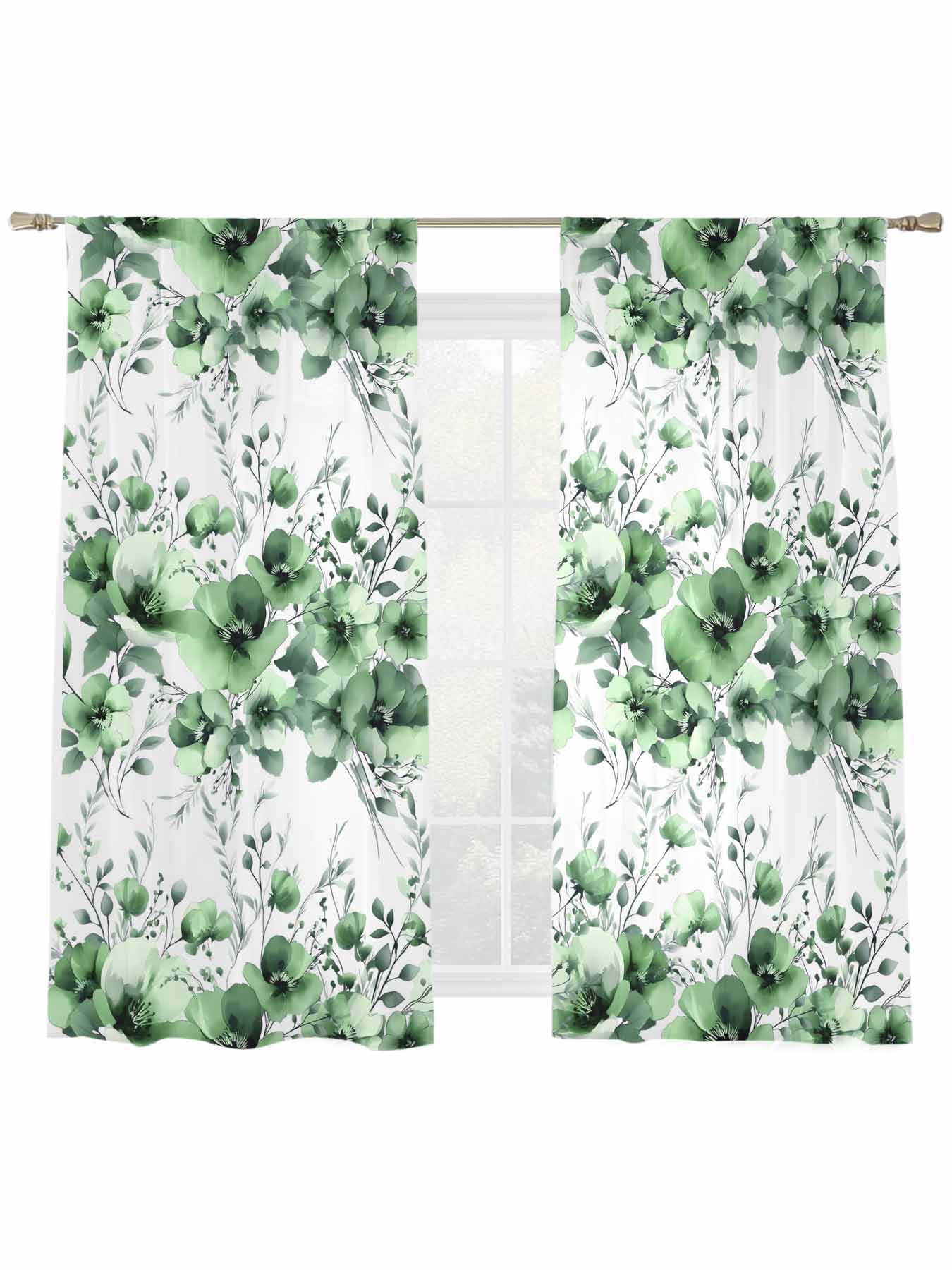 Spring Flowers Sheer Curtains 2 Panels Set Watercolor Green Flower ...