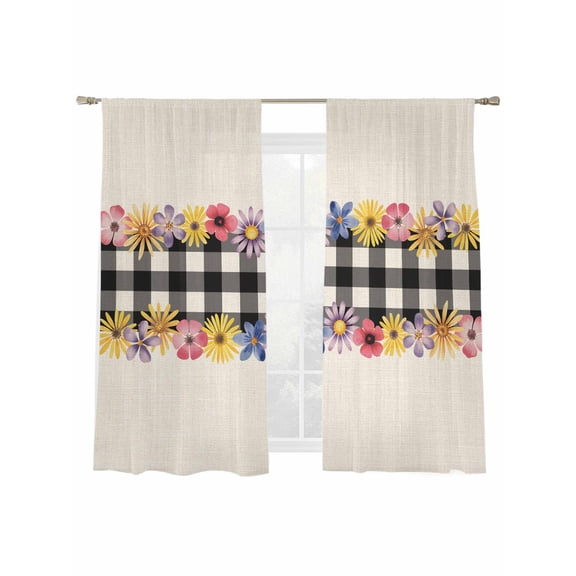 Spring Flowers Sheer Curtains 2 Panels Set Watercolor Pink Yellow Purple Floral Black Plaid Linen Texture Sheer Window Curtains Light Filtering Rod Pocket Voile Drapes for Living Room 52"X72"