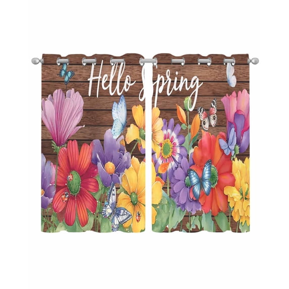 Spring Flowers Sheer Curtains 45 Inch Length 2 Panels Set for Living Room/Bedroom, Watercolor Farmhouse Colorful Wooden Grain Kitchen Curtains Grommet Semi-Sheer Curtains Window Treatments 42"x45"x2
