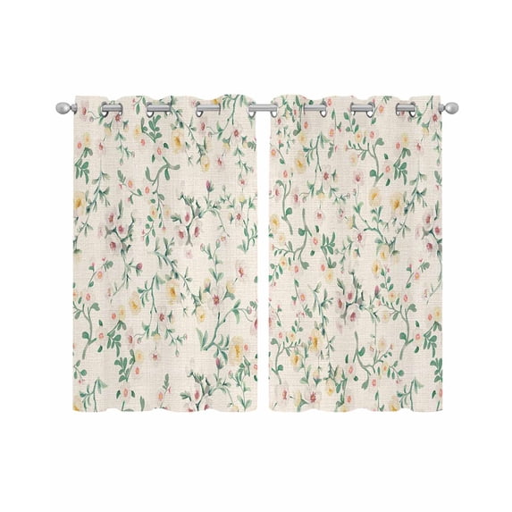 Spring Flowers Sheer Curtains 45 Inch Length 2 Panels Set for Living Room/Bedroom, Yellow Pink Floral Leaves Vintage Country Plants Kitchen Curtains Grommet Curtains Window Treatments 42"x45"x2