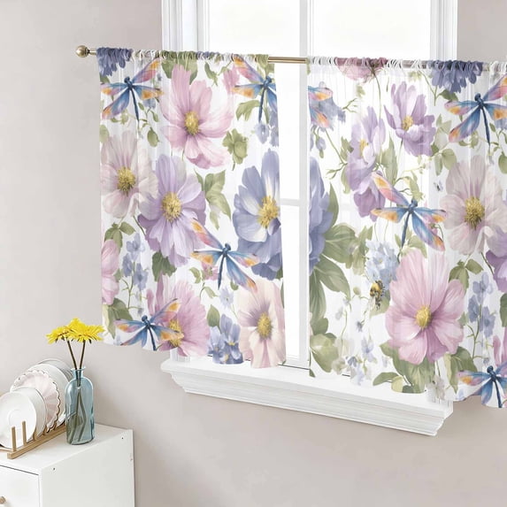 Spring Flowers Sheer Curtains 45 Inch Length 2 Panels Set Window Treatments, Watercolor Floral Dragonflies Vintage Rod Pocket Semi Curtains for Living Room/Bedroom/Kitchen Décor, 104"W x 45"L
