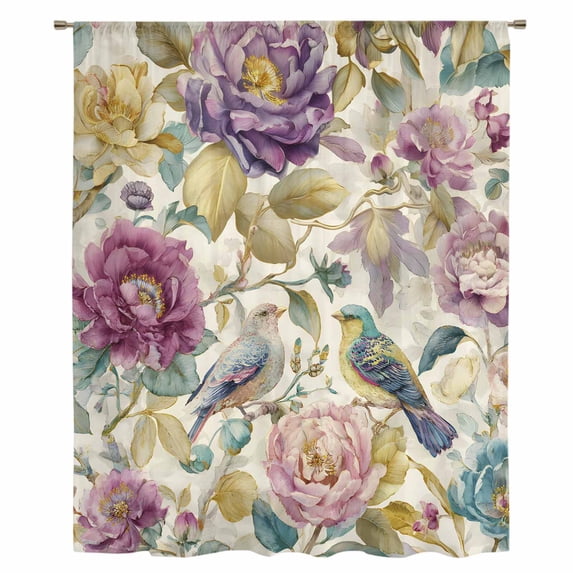 Spring Flowers Sheer Curtains 45 Inches Long, Farmhouse Botanical Blossom Floral Birds Light Filering Curtains, Breathable Simi Curtain Privacy Drapes for Kitchen Bathroom Small Window Treatment