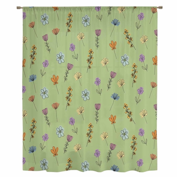 Spring Flowers Sheer Curtains 45 Inches Long, Pink Yellow Wildflowers Country Plants Green Light Filering Curtains, Breathable Simi Curtain Privacy Drapes for Kitchen Bathroom Small Window Treatment
