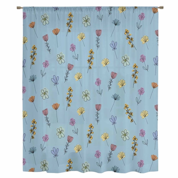Spring Flowers Sheer Curtains 45" Long, Pink Yellow Wildflowers Pastoral Botanical Blue Light Filering Curtains, Breathable Simi Curtain Privacy Drapes for Kitchen Bathroom Small Window Treatment