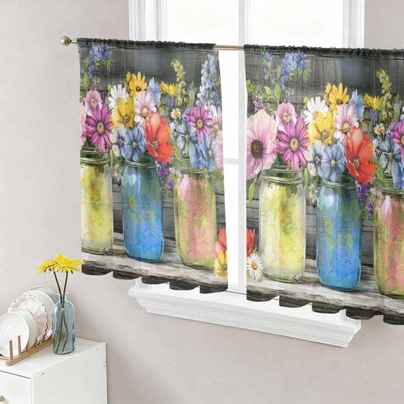 Spring Flowers Sheer Curtains 54 Inches Length 2 Panels Set, Window Sheer Curtains for Living Room/Bedroom, Botanical Blooms Floral Painting Art Light Filtering Rod Pocket Curtain 52''x54''x2