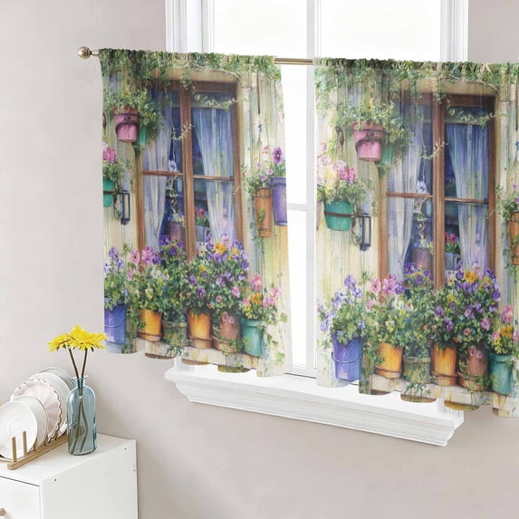 Spring Flowers Sheer Curtains 54 Inches Length 2 Panels Set, Window Sheer Curtains for Living Room/Bedroom, Botanical Windows Floral Pots Bicycle Light Filtering Rod Pocket Curtain 52''x54''x2